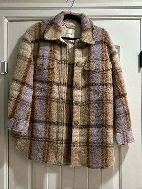 Aritzia Plaid Free Ganna Wool-Blend Shacket in Cream, Brown & Lavender
